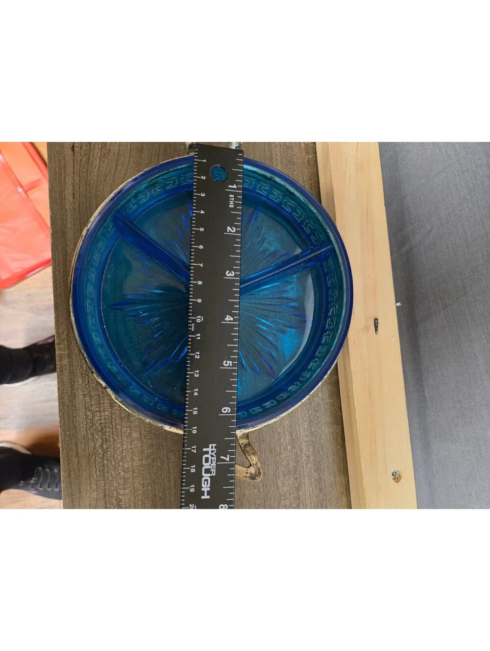 Vintage Blue Glass Divided Serving Dish with Silver Metal Pl